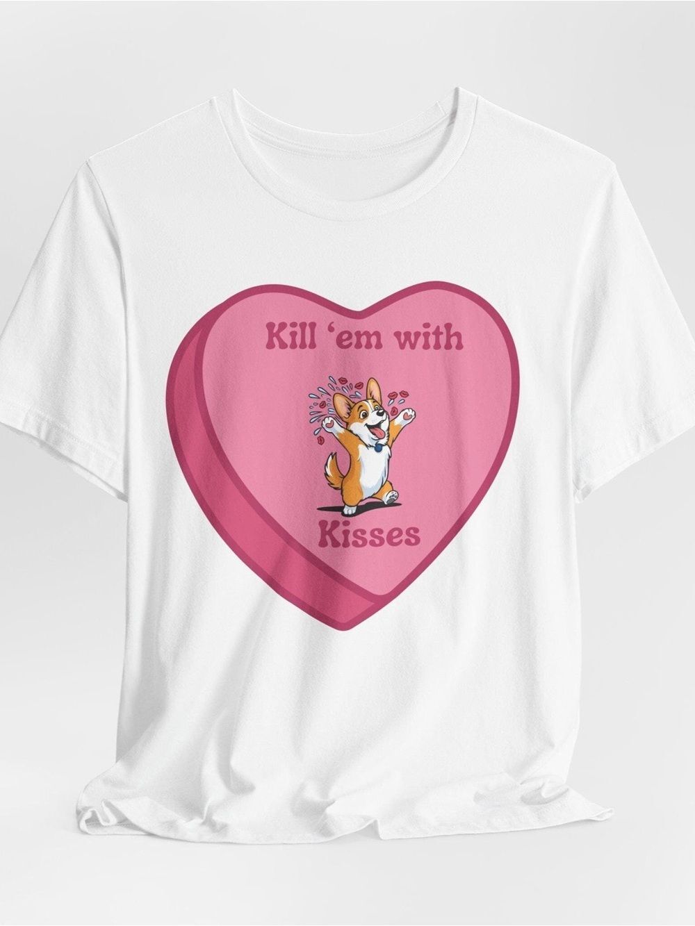White Short Sleeve Tee with Pink Heart Corgi Graphic
